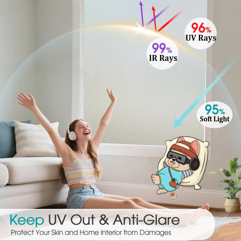 Coavas Window Privacy Film Frosted Glass Static Clings, Decorative Bathroom Door Privacy Film Day and Night, Heat UV Blocking Anti-Glare Frosting Stickers Renter Non-Adhesive, 29.5 x 78.7 Inch, Pure - Image 3